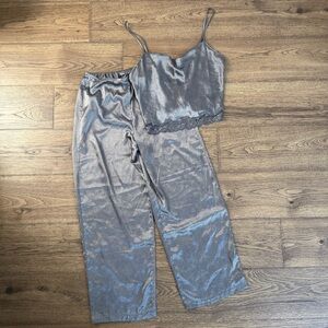 Victorias Secret Tank Pants Silky Pajama Set Grey Pink Polka Dot Medium EUC